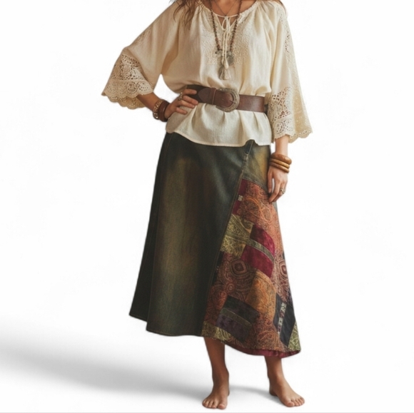 Dresses & Skirts - VTG René Derhy Patchwork Denim Maxi Skirt Boho Y2K Artsy USA 14